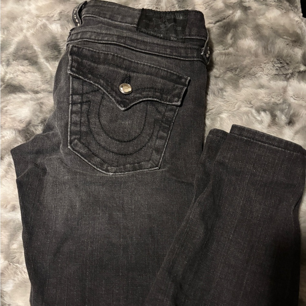 True Religion Women's Skinny Jeans - Dark Gray with crystals